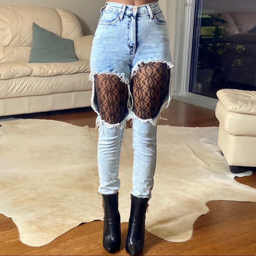 High Waisted Distressed Acid Wash Jeans